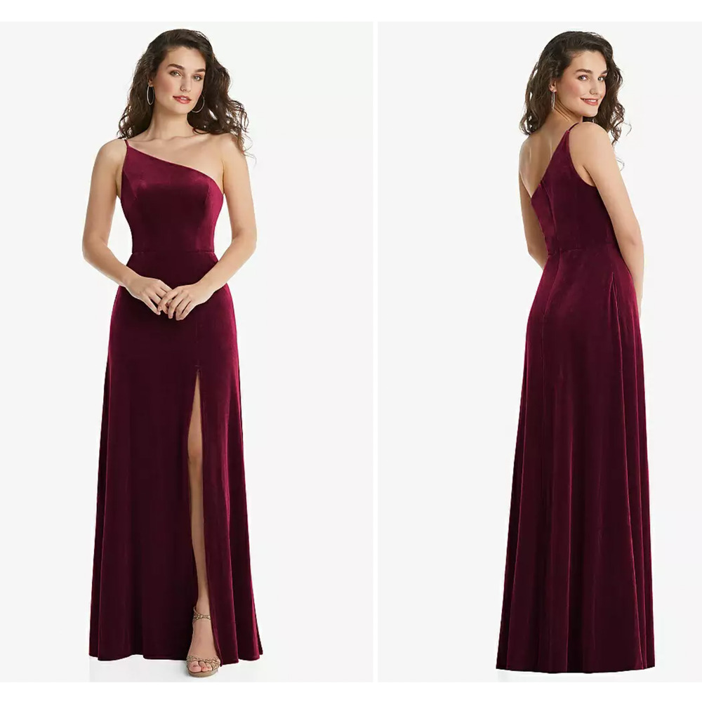 AFTER SIX 1556 SIZE 14 ONE-SHOULDER VELVET MAXI DRESS POCKETS CABERNET RED NEW